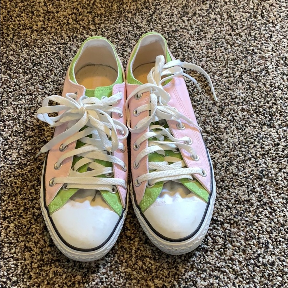 Pink and green layered converse